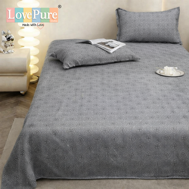 Lovepure India Glace Cotton Bedsheet Set with 2 Pillow Covers, 275 X 275 cm,Super King Size, 3 Piece(Silver Herringbone)