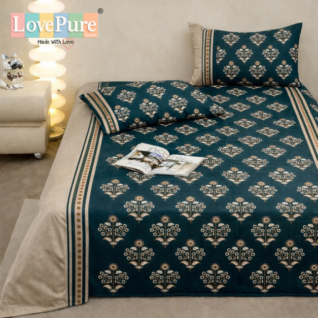 Lovepure India Glace Cotton Bedsheet Set with 2 Pillow Covers, 275 X 275 cm, Green, Floral Pattern, Super King Size, 3 Piece