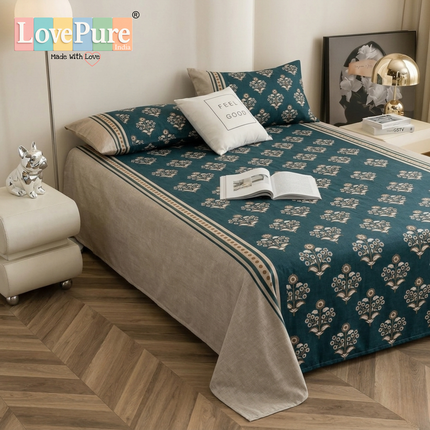 Lovepure India Glace Cotton Bedsheet Set with 2 Pillow Covers, 275 X 275 cm, Green, Floral Pattern, Super King Size, 3 Piece
