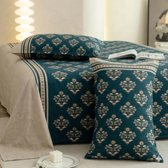 Lovepure India Glace Cotton Bedsheet Set with 2 Pillow Covers, 275 X 275 cm, Green, Floral Pattern, Super King Size, 3 Piece