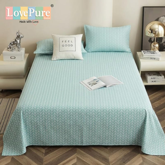 Lovepure India Glace Cotton Bedsheet Set with 2 Pillow Covers, 275 X 275 cm,Super King Size, 3 Piece(Arctic Teal Chevron)