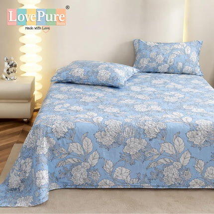 Lovepure India Glace Cotton Bedsheet Set with 2 Pillow Covers, 275 X 275 cm,Super King Size, 3 Piece(Mist Blue Bloom)