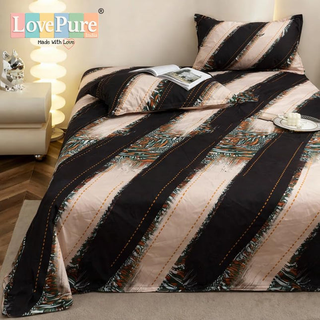 Lovepure India Glace Cotton Bedsheet Set with 2 Pillow Covers, 275 X 275 cm,Super King Size, 3 Piece (Midnight Mocha Stripe)
