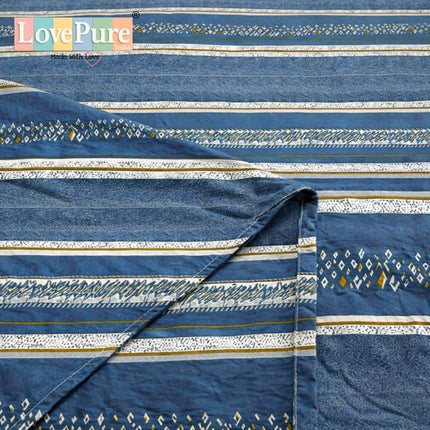 Lovepure India Glace Cotton Bedsheet Set with 2 Pillow Covers, 275 X 275 cm,Super King Size, 3 Piece(Denim Horizon Stripe)