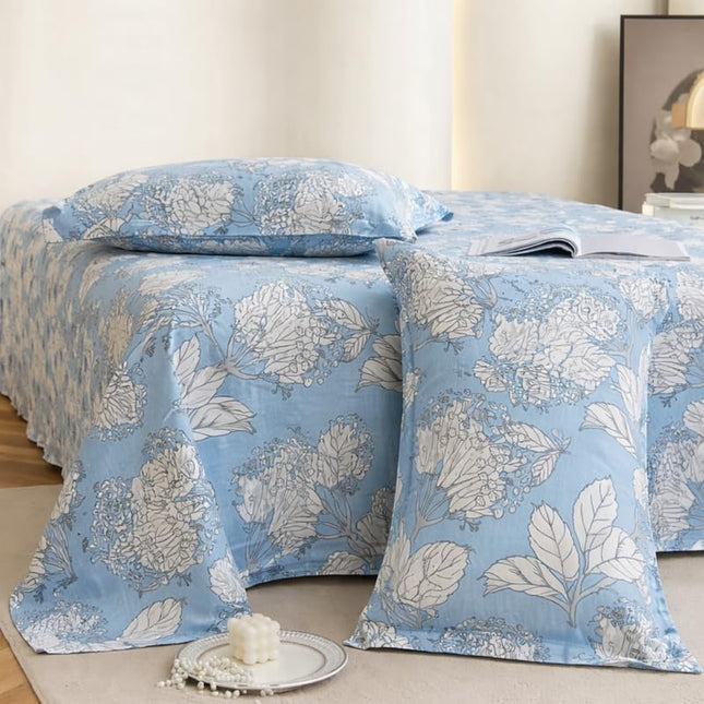 Lovepure India Glace Cotton Bedsheet Set with 2 Pillow Covers, 275 X 275 cm,Super King Size, 3 Piece(Mist Blue Bloom)