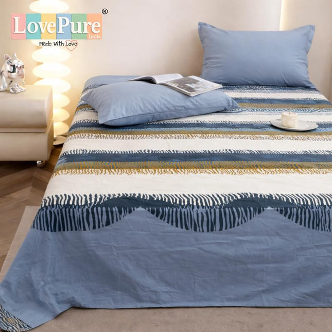 Lovepure India Glace Cotton Bedsheet Set with 2 Pillow Covers, 275 X 275 cm,Super King Size, 3 Piece(Coastal Breeze Wave)