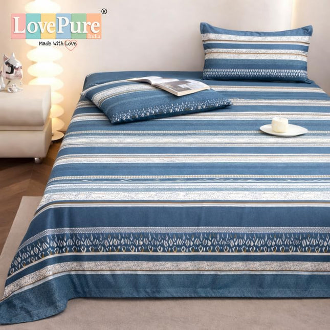 Lovepure India Glace Cotton Bedsheet Set with 2 Pillow Covers, 275 X 275 cm,Super King Size, 3 Piece(Denim Horizon Stripe)