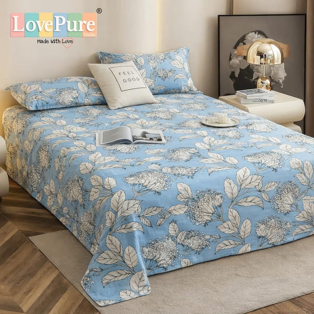 Lovepure India Glace Cotton Bedsheet Set with 2 Pillow Covers, 275 X 275 cm,Super King Size, 3 Piece(Mist Blue Bloom)