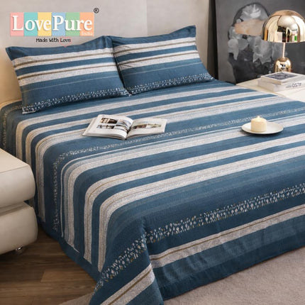 Lovepure India Glace Cotton Bedsheet Set with 2 Pillow Covers, 275 X 275 cm,Super King Size, 3 Piece(Denim Horizon Stripe)