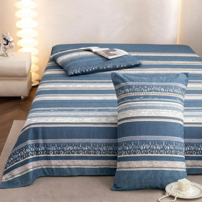 Lovepure India Glace Cotton Bedsheet Set with 2 Pillow Covers, 275 X 275 cm,Super King Size, 3 Piece(Denim Horizon Stripe)