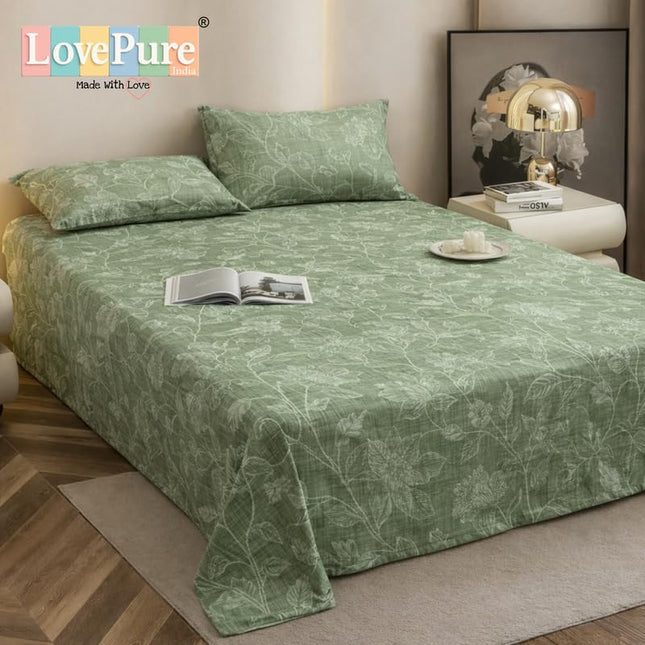 Lovepure India Glace Cotton Bedsheet Set with 2 Pillow Covers, 275 X 275 cm, Green, Floral Pattern, Super King Size, 3 Piece
