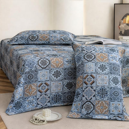 Lovepure India Glace Cotton Bedsheet Set with 2 Pillow Covers, 275 X 275 cm,Super King Size, 3 Piece(Aegean Mosaic Tile)