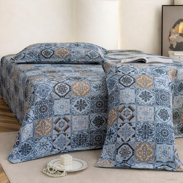 Lovepure India Glace Cotton Bedsheet Set with 2 Pillow Covers, 275 X 275 cm,Super King Size, 3 Piece(Aegean Mosaic Tile)