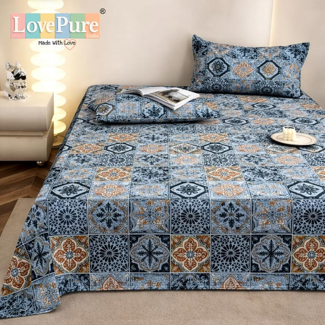 Lovepure India Glace Cotton Bedsheet Set with 2 Pillow Covers, 275 X 275 cm,Super King Size, 3 Piece(Aegean Mosaic Tile)