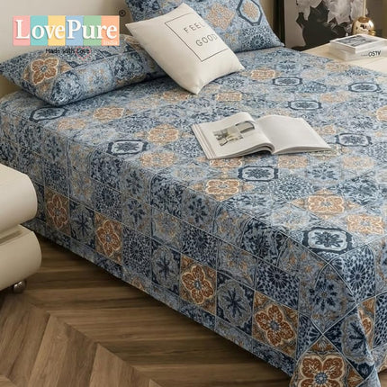 Lovepure India Glace Cotton Bedsheet Set with 2 Pillow Covers, 275 X 275 cm,Super King Size, 3 Piece(Aegean Mosaic Tile)