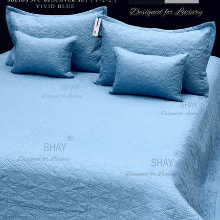 SNOW WHITE 5PC SUPER-PREMIUM QUILTED EMBROIDERY REVERSIBLE SOLIDS BEDCOVER SET WITH 2 Quilted Pillow Covers + 2 Quilted Cushions { 1+2+2 }(Premium Attache Bag)