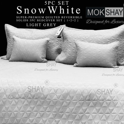 SNOW WHITE 5PC SUPER-PREMIUM QUILTED EMBROIDERY REVERSIBLE SOLIDS BEDCOVER SET WITH 2 Quilted Pillow Covers + 2 Quilted Cushions { 1+2+2 }(Premium Attache Bag)