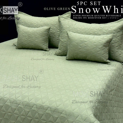 SNOW WHITE 5PC SUPER-PREMIUM QUILTED EMBROIDERY REVERSIBLE SOLIDS BEDCOVER SET WITH 2 Quilted Pillow Covers + 2 Quilted Cushions { 1+2+2 }(Premium Attache Bag)