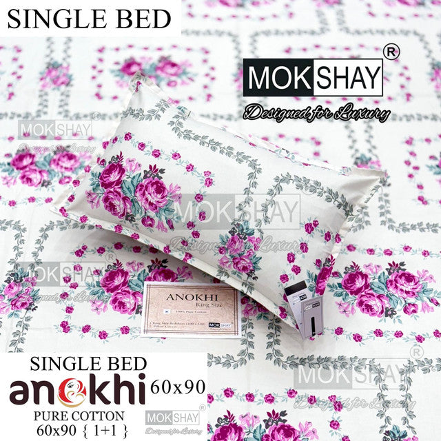 ANOKHI 100% PURE COTTON SINGLE BEDSHEET WITH PILLOW COVER