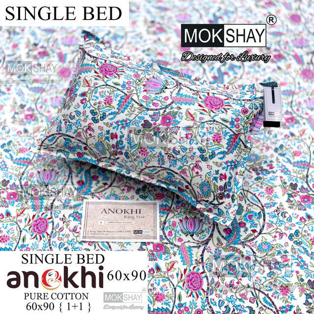 ANOKHI 100% PURE COTTON SINGLE BEDSHEET WITH PILLOW COVER