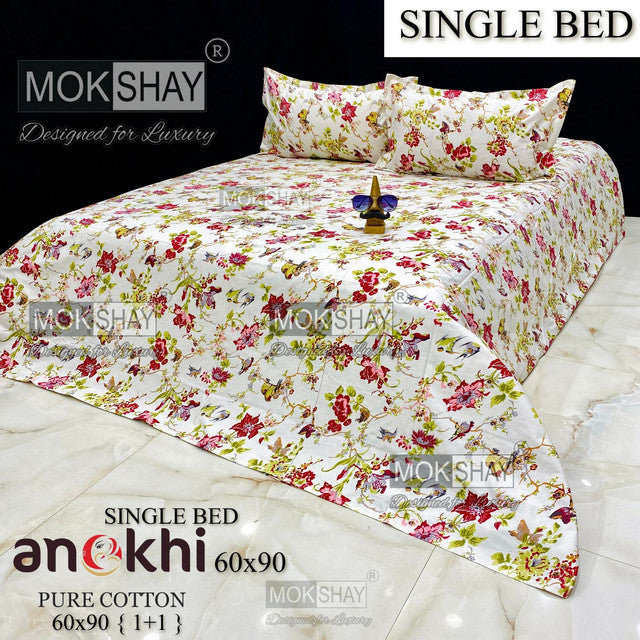 ANOKHI 100% PURE COTTON SINGLE BEDSHEET WITH PILLOW COVER