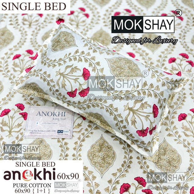 ANOKHI 100% PURE COTTON SINGLE BEDSHEET WITH PILLOW COVER