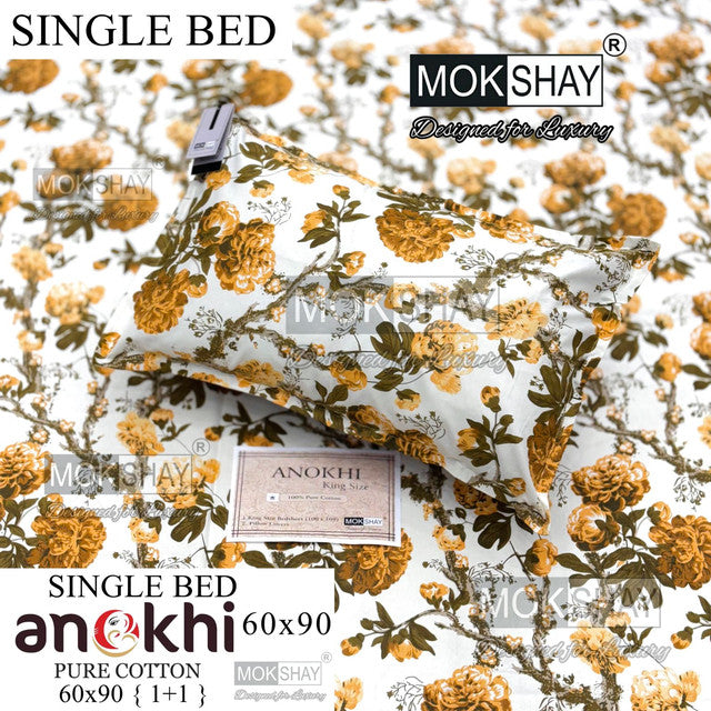 ANOKHI 100% PURE COTTON SINGLE BEDSHEET WITH PILLOW COVER