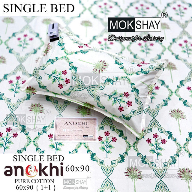 ANOKHI 100% PURE COTTON SINGLE BEDSHEET WITH PILLOW COVER