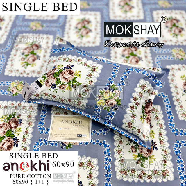 ANOKHI 100% PURE COTTON SINGLE BEDSHEET WITH PILLOW COVER