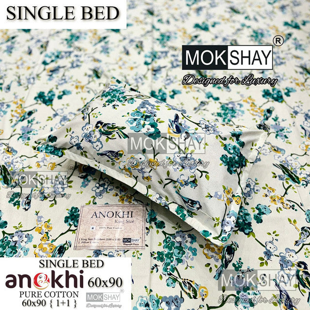 ANOKHI 100% PURE COTTON SINGLE BEDSHEET WITH PILLOW COVER
