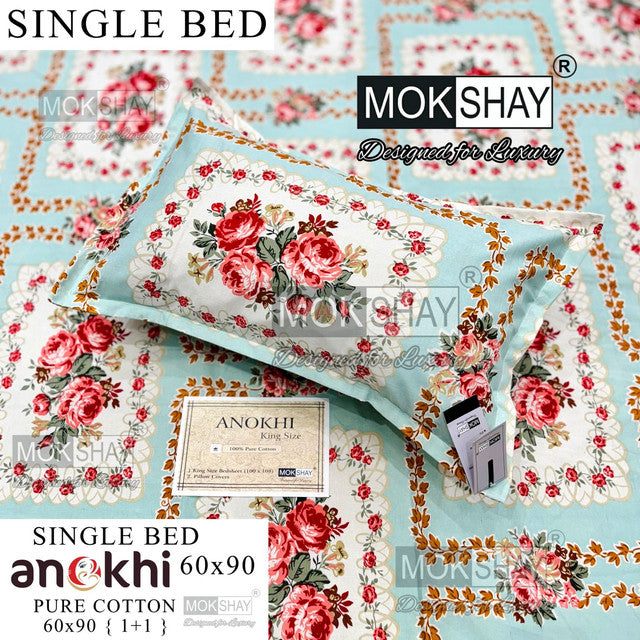 ANOKHI 100% PURE COTTON SINGLE BEDSHEET WITH PILLOW COVER