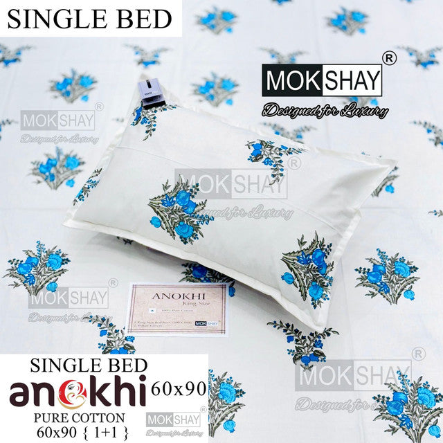 ANOKHI 100% PURE COTTON SINGLE BEDSHEET WITH PILLOW COVER