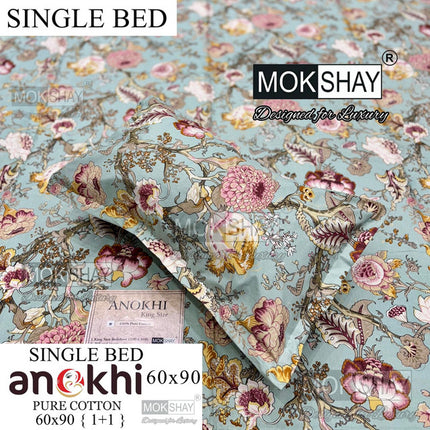 ANOKHI 100% PURE COTTON SINGLE BEDSHEET WITH PILLOW COVER