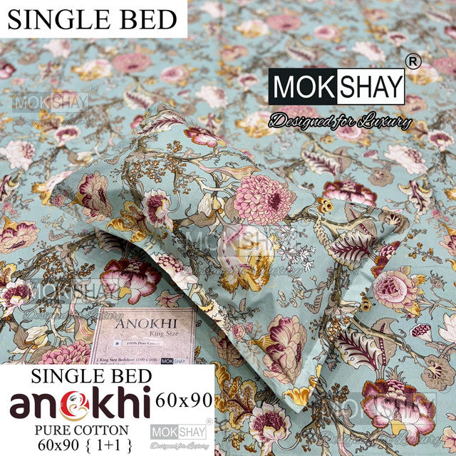 ANOKHI 100% PURE COTTON SINGLE BEDSHEET WITH PILLOW COVER