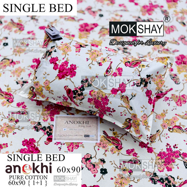 ANOKHI 100% PURE COTTON SINGLE BEDSHEET WITH PILLOW COVER