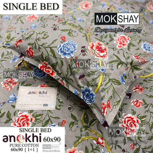 ANOKHI 100% PURE COTTON SINGLE BEDSHEET WITH PILLOW COVER