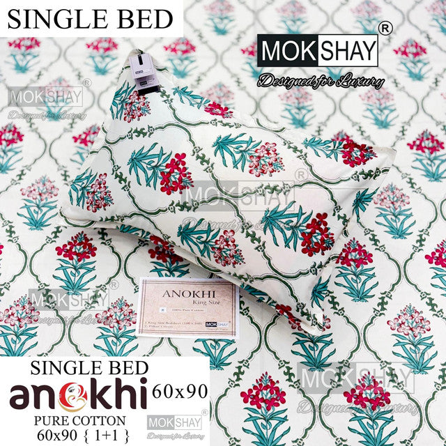 ANOKHI 100% PURE COTTON SINGLE BEDSHEET WITH PILLOW COVER