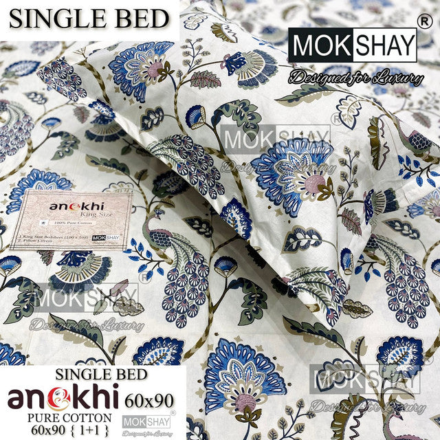 ANOKHI 100% PURE COTTON SINGLE BEDSHEET WITH PILLOW COVER