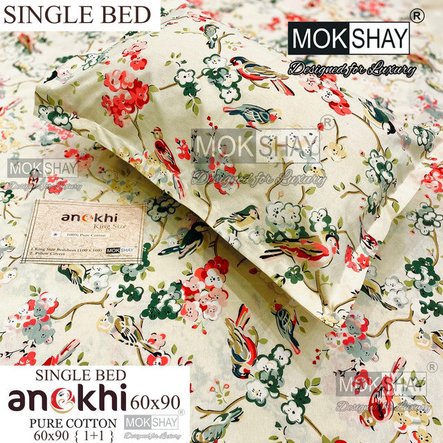 ANOKHI 100% PURE COTTON SINGLE BEDSHEET WITH PILLOW COVER