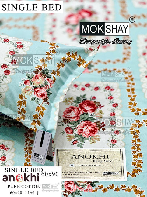 ANOKHI 100% PURE COTTON SINGLE BEDSHEET WITH PILLOW COVER