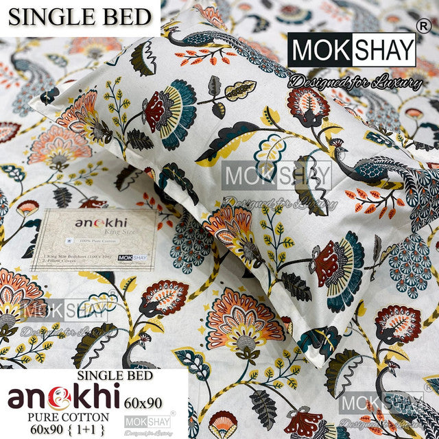 ANOKHI 100% PURE COTTON SINGLE BEDSHEET WITH PILLOW COVER