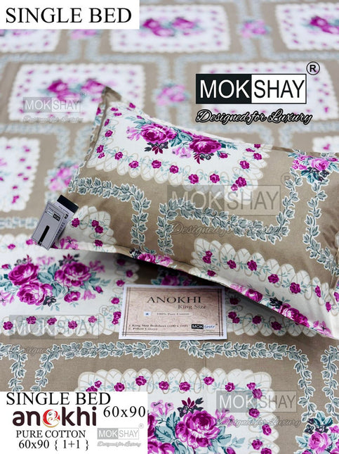 ANOKHI 100% PURE COTTON SINGLE BEDSHEET WITH PILLOW COVER