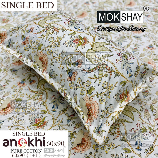 ANOKHI 100% PURE COTTON SINGLE BEDSHEET WITH PILLOW COVER