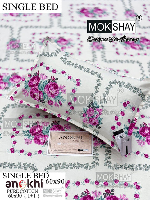 ANOKHI 100% PURE COTTON SINGLE BEDSHEET WITH PILLOW COVER