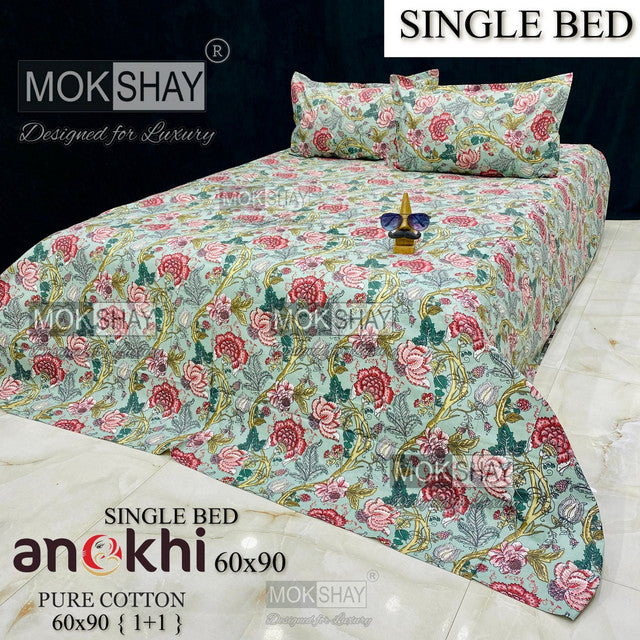 ANOKHI 100% PURE COTTON SINGLE BEDSHEET WITH PILLOW COVER