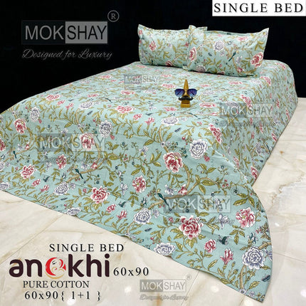 ANOKHI 100% PURE COTTON SINGLE BEDSHEET WITH PILLOW COVER