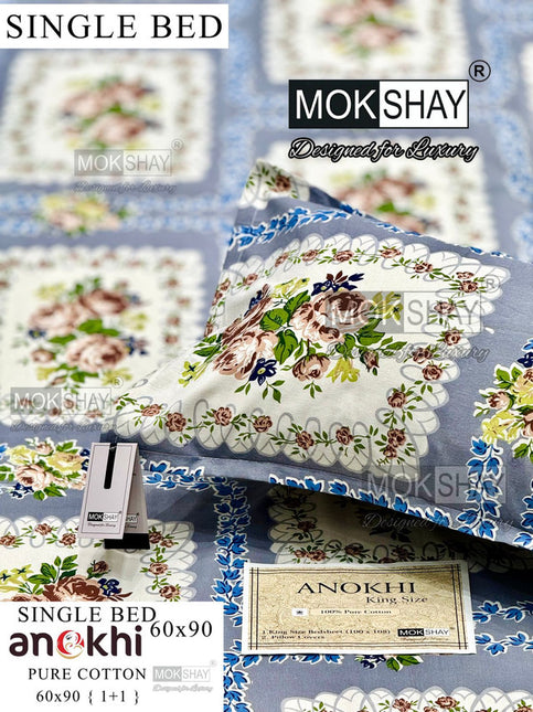 ANOKHI 100% PURE COTTON SINGLE BEDSHEET WITH PILLOW COVER