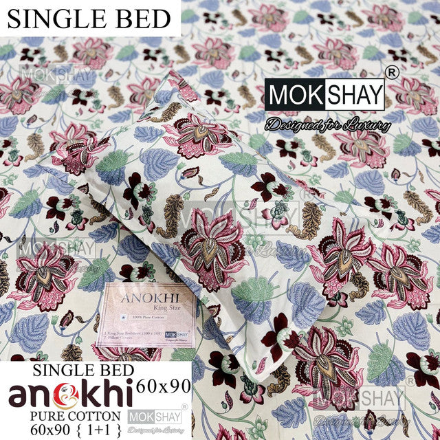 ANOKHI 100% PURE COTTON SINGLE BEDSHEET WITH PILLOW COVER
