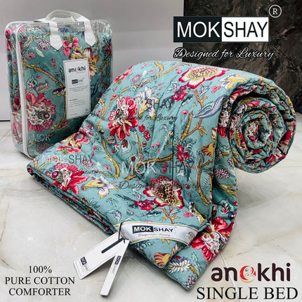 ANOKHI 100% PURE COTTON SINGLE BED REVERSIBLE COMFORTER WITH ATTACHE BAG