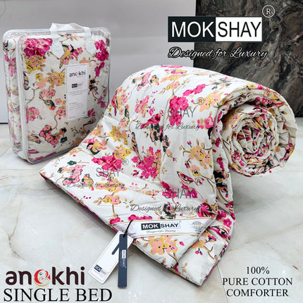 ANOKHI 100% PURE COTTON SINGLE BED REVERSIBLE COMFORTER WITH ATTACHE BAG